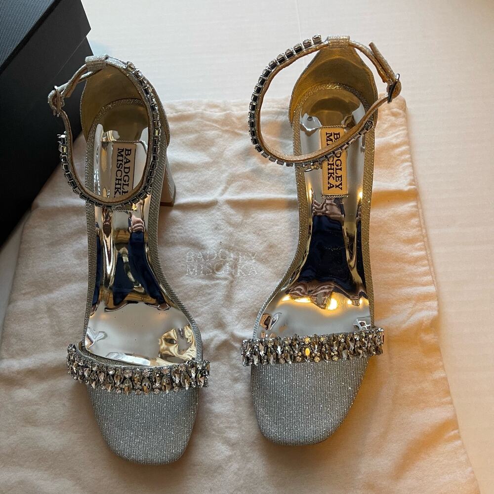 Badgley Mischka Rose Gold Crystal Block Heel Sandals - Picture 4 of 10